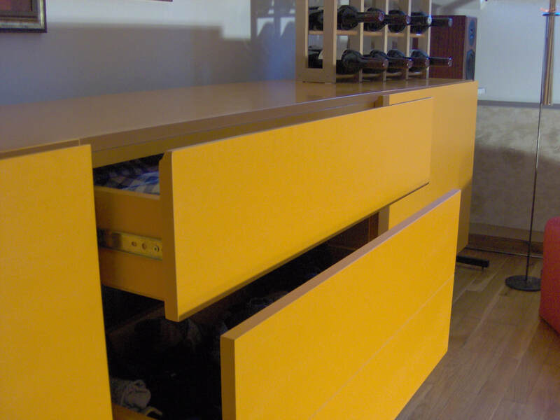 orange commode, orange drawers chest, minimal, commode with wheels, living room storage on wheels